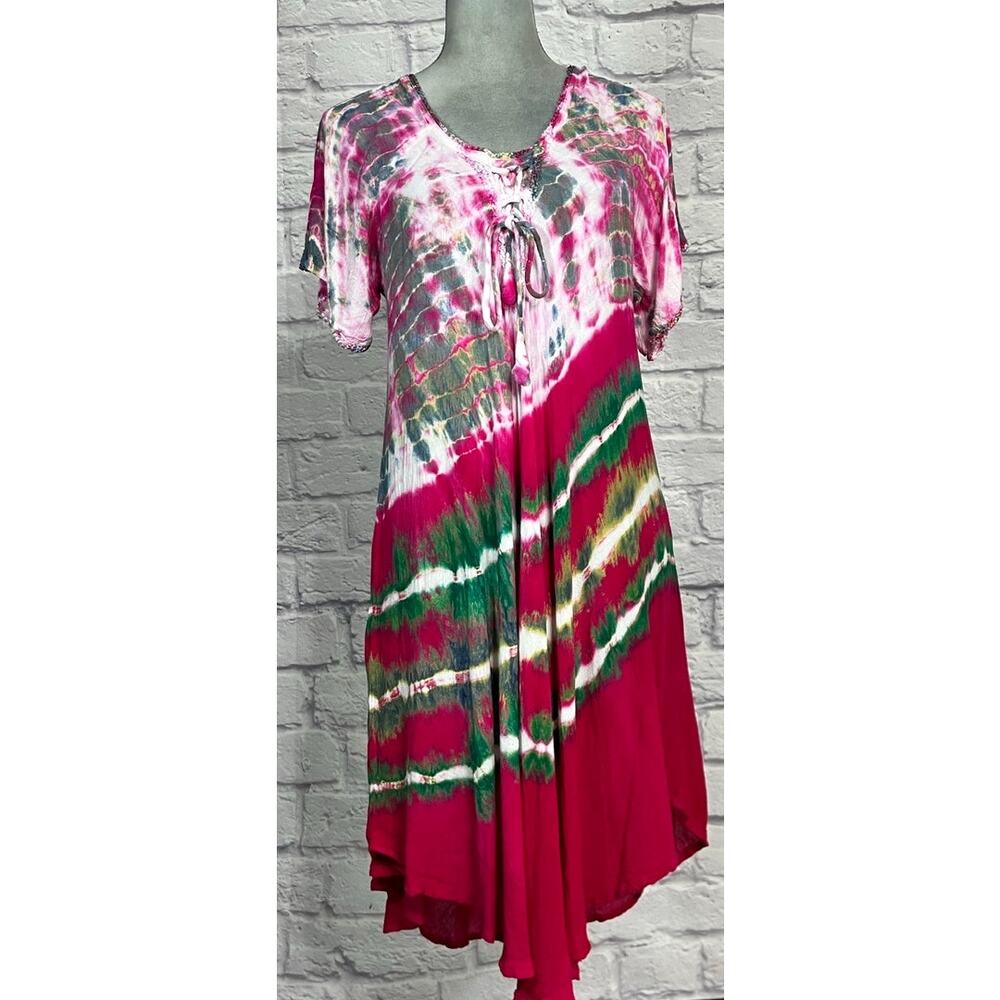 India Boutique Vibrant Boho Tie Dye Bollywood Style Crinkly Gauze Midi Dress
